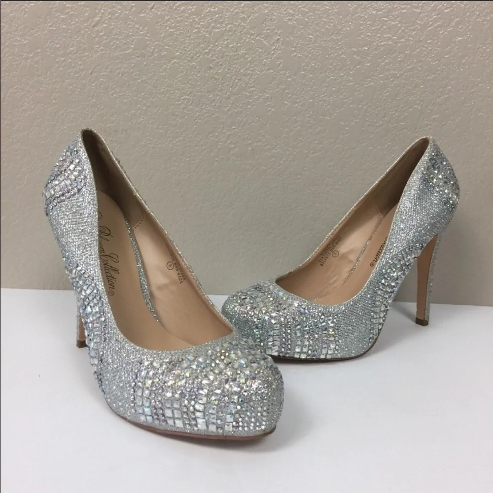 Silver Rhinestone Bling Platform Stilettos Size 8